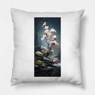 Bonsai tree blossoming with pink flowers near waterfall Pillow