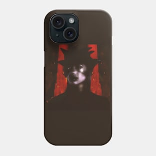 Beautiful girl in strange dark suit, with face mask. Red castle or rock on background. Red, violet, blur. Dark. Phone Case