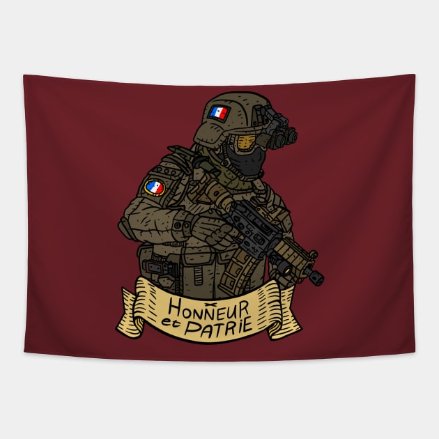 french military soldier with the motto of the armed forces of France. Tapestry by JJadx