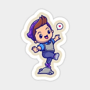 Cute Boy Stepping On The Rock Cartoon Magnet