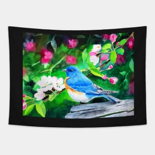 Eastern Bluebird in Blossoms Watercolor Painting Tapestry