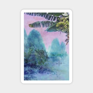 Banana tree &amp; bamboo boat - Pink Sunset Mountainscape Magnet