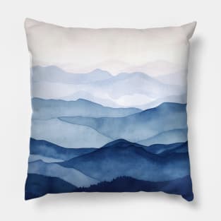 Blue Misty Mountains Watercolor Indigo Pillow