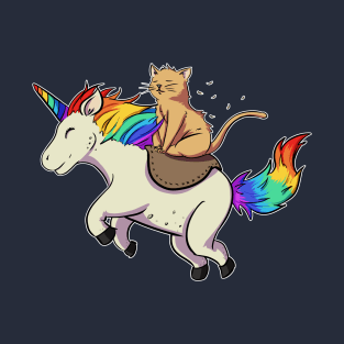 Meditating and happy cat on a unicorn riding rainbow pony unicorn T-Shirt