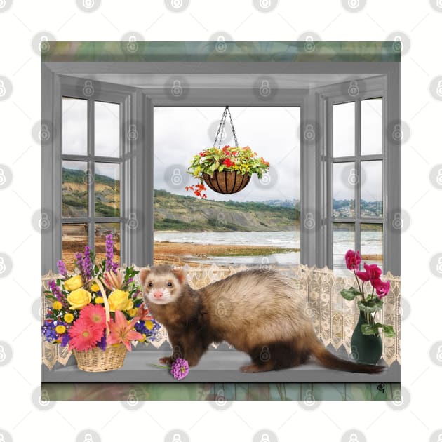 Summer Holiday Cute Ferret with flowers Art by BarbaraGlebska