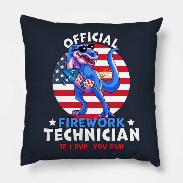 Official Firework Technician 4th of July Dinosaur T-rex Pillow by OrangeMonkeyArt