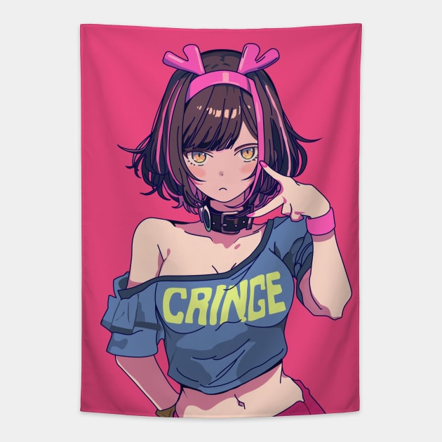 Cute girl wearing a Cringe T-shirt Tapestry by AO01