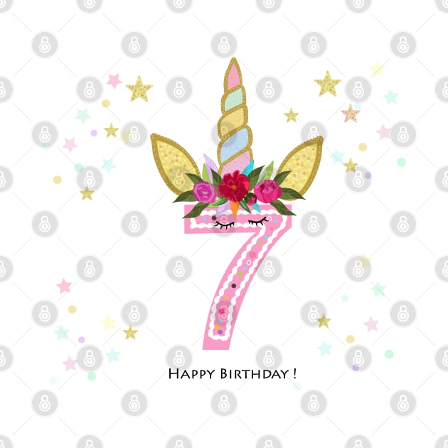 Seventh birthday. Seven. Unicorn birthday invitation. Party invitation greeting card by GULSENGUNEL