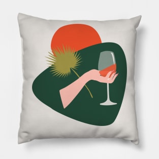 Abstract hand with a glass of wine and leaf Pillow