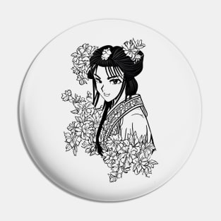 Retro manga geisha girl, black and white drawing Pin