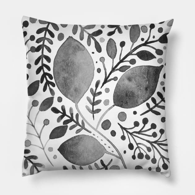 Black and white watercolor leaves Pillow by wackapacka