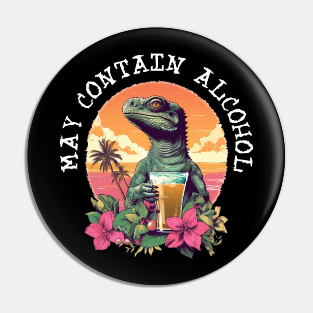 Green Lizard Holding Beer - May Contain Alcohol (White Lettering) Pin by VelvetRoom