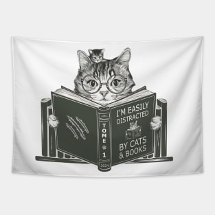 Easily Distracted By Cats And Books Cat And Book Lovers 2024 Tapestry