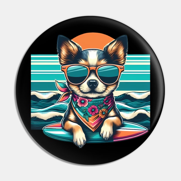 Funny Chihuahua with Sunglasses on a Surf Board Pin by CreativeSparkzz