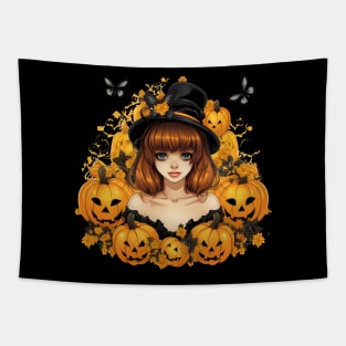 Anime Halloween Witch Girl with Pumpkins and Butterflies Tapestry