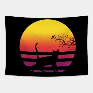 Cute Cat Watching Bird On Tree Vintage Retro Sunset Tapestry