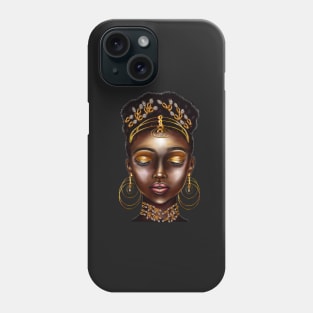 Queen Black empress beautiful black girl with Gold earrings, ornate headdress,  brown eyes looking  upwards and dark brown skin ! Phone Case