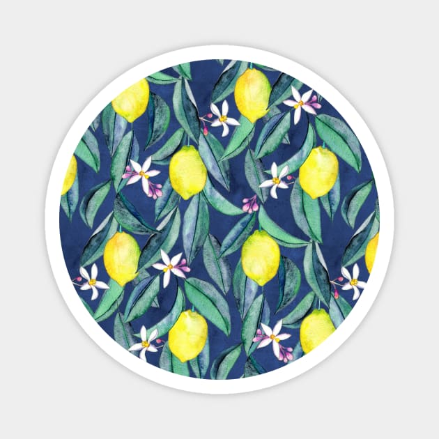 When Life Gives You Lemons - watercolor lemons on dark blue Magnet by micklyn