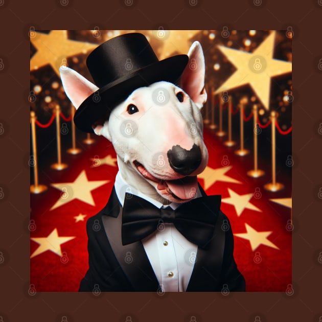 Happy bull terrier wearing tuxedo and hat in front of stars by nicecorgi