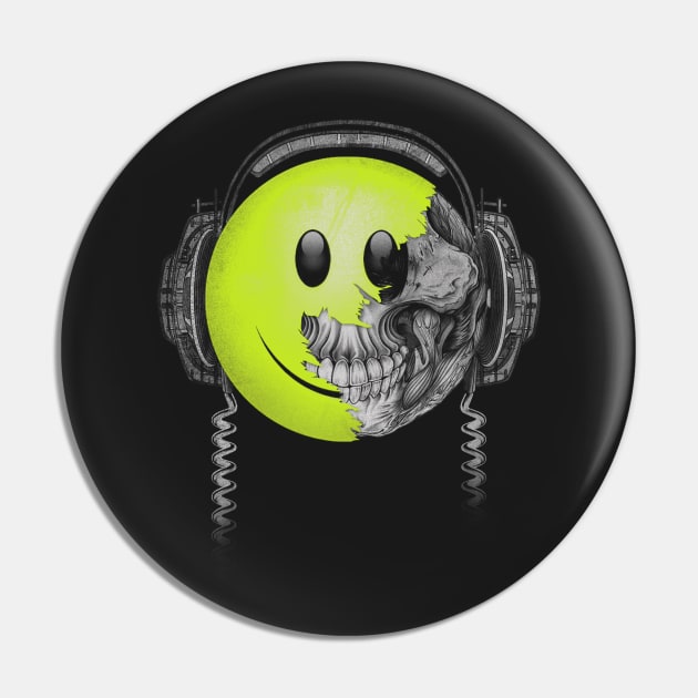 90's Rave Music Smiley Face Skeleton T Shirt Pin by Moody City