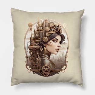 Vintage steampunk-inspired city skyline Pillow