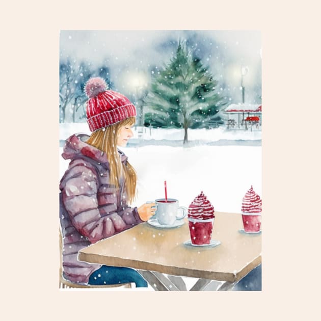 Woman Drinking Coffee in an open-air Cafe, Snowing Christmas Outdoors by fistikci