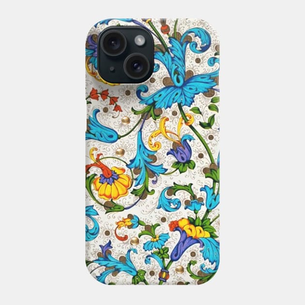 FLORENTINE RENAISSANCE FLORAL Gold Blue Flowers,Swirls,Fruits, Leaves Phone Case by BulganLumini