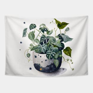 Lively Pothos Plant Illustration in a Decorative Pot with Cosmic Theme Tapestry