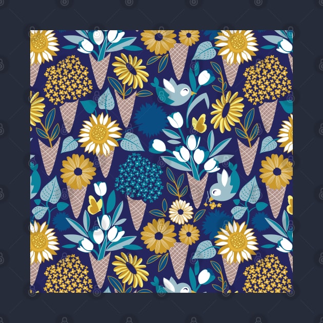 Midsummer I scream flower cones // pattern // navy blue background blue teal and yellow flowers bouquets by SelmaCardoso