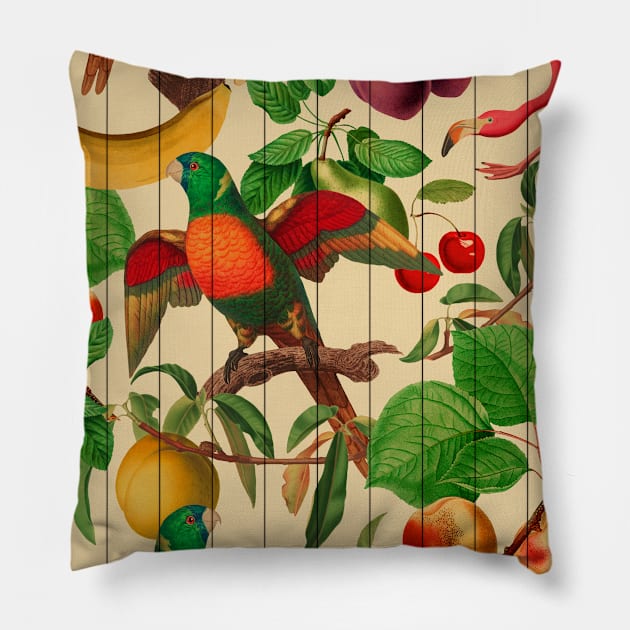 Tropical fruit with colorful parrots and flamingo on wood pattern Pillow by NoPlanB
