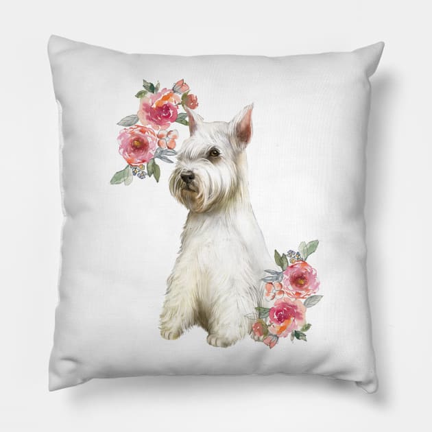 Cute White Schnauzer with Flowers Watercolor Art Pillow by AdrianaHolmesArt