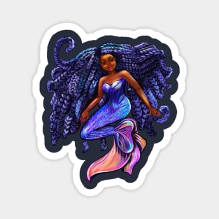 mermaid with flowing shimmering blue black braids  , brown eyes curly Afro hair and caramel brown skin Magnet