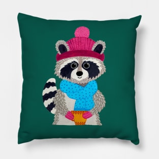 Raccoon with scarf, hat, mittens and a mug Pillow