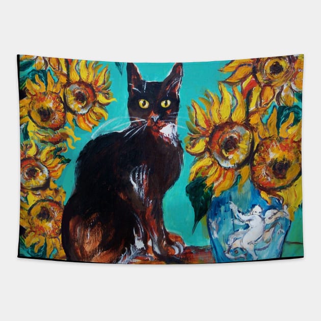 SUNFLOWERS WITH BLACK CAT IN BLUE TURQUOISE YELLOW COLORS Tapestry by BulganLumini