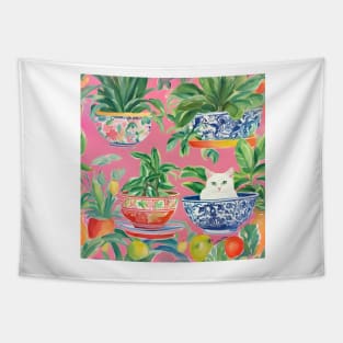 Kitty in a chinoiserie bowl on pink Tapestry