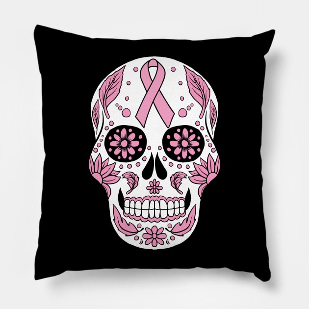 Breast Cancer Awareness Skull Pink Ribbon Pillow by Vauliflower