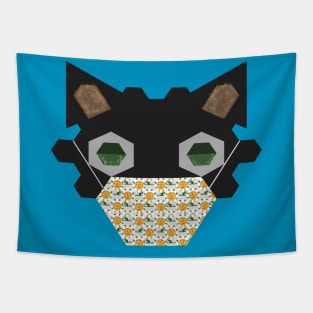 Black Cat Wearing Pixel Flower Mask Tapestry