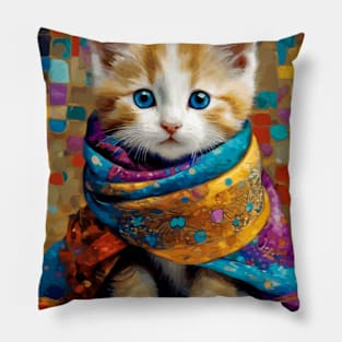 Gustav Klimt Style Tabby Cat Kitten with Colorful Scarf Pillow