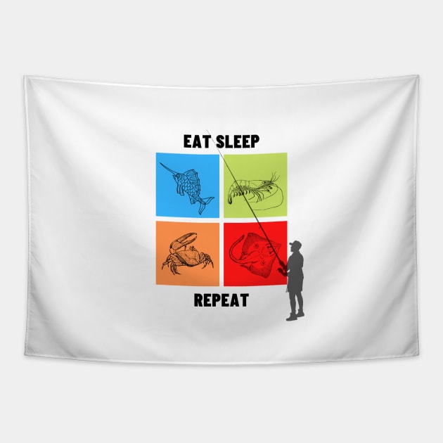 Eat, Sleep, Fish, Repeat Tapestry by Flap Creations