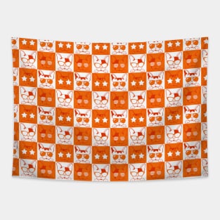 Frenchies with Glasses Pattern Orange Tapestry