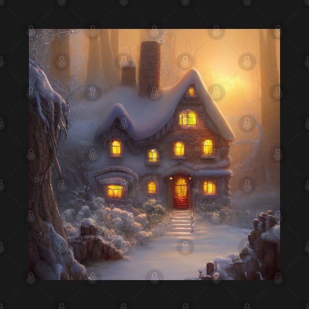 Magical Fantasy Cottage with Lights In A Snowy Scene, Scenery Nature by Promen Art