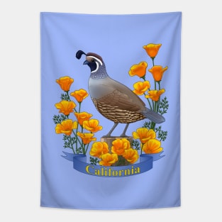 California State Bird Quail and Poppy Flower Tapestry