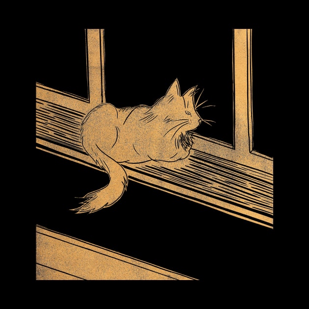 Maine Coon Cat on Windowsill Linocut in Gold and Black by Maddybennettart