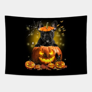 Black French Bulldog  Spooky Halloween Pumpkin Dog Head Tapestry