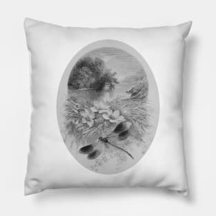 Dragonflies with flowers river and sky Pillow