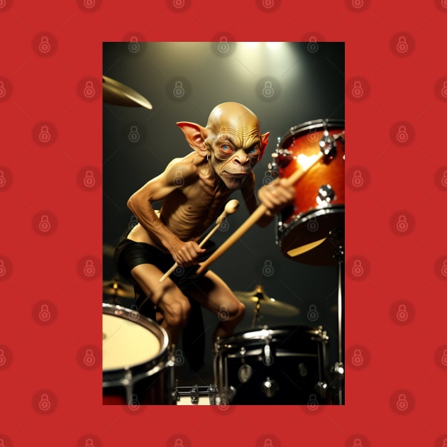 Funny Gollum playing in a heavy metal band graphic design artwork by Nasromaystro