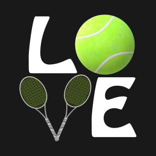 Tennis Love with Ball and Rackets for Players and Fans (White Letters) T-Shirt