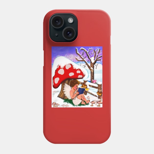 Bookworms mushroom - Snow covered mushroom covering Little bookworm angel boy cherub reading a book - tranquil winter scenery Phone Case by Artonmytee