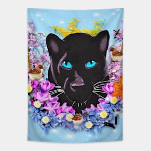 Black Panther and Flowers Tapestry