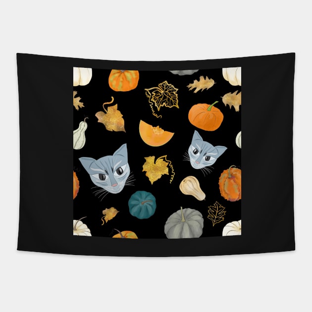 Devious Cats with Halloween Harvest Pumpkins Party Style Pattern Tapestry by andreeadumez